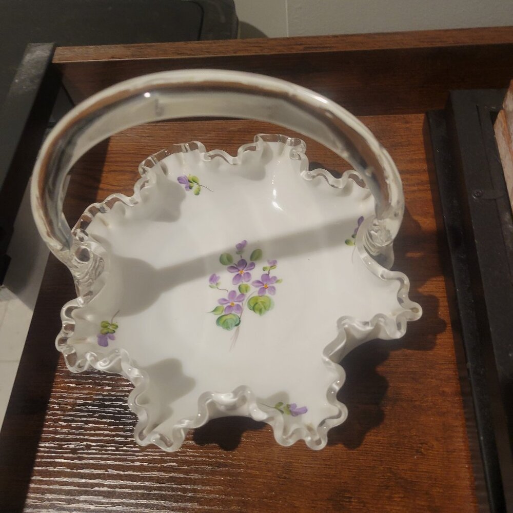 Vintage Signed Hand Painted Violets Fenton Silver Crest Milk Glass Basket